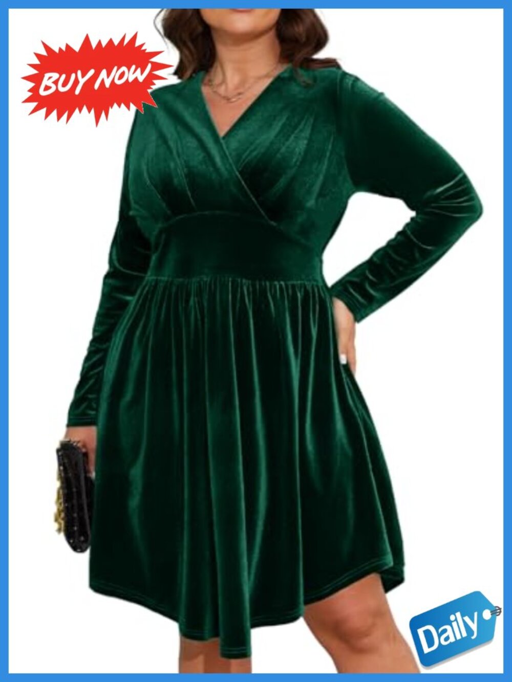 Plus Size Velvet Long Sleeve V-Neck Wrap Dress Knee Length Cocktail